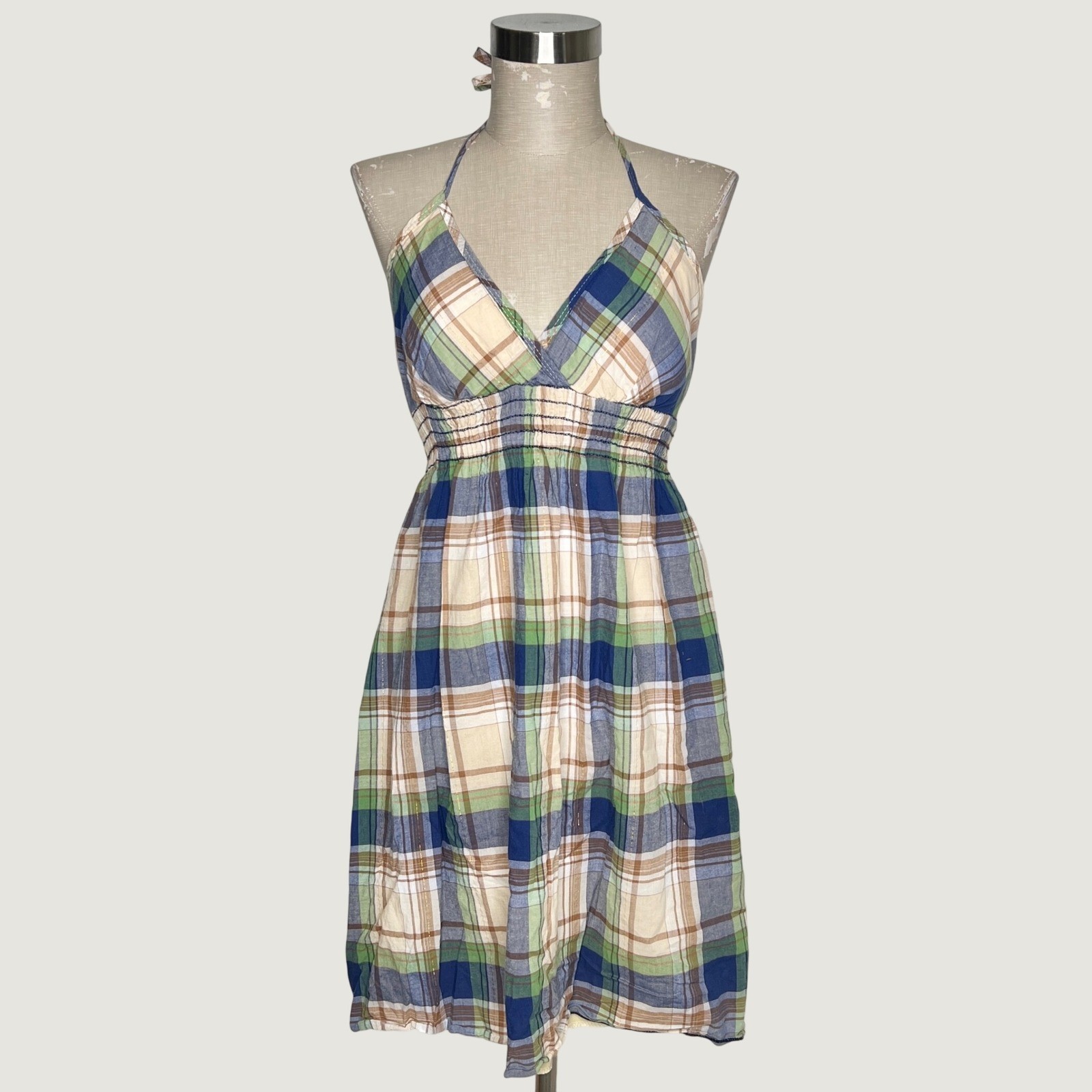 Y2K 2000s Plaid Smocked Halter Cotton Dress Summer Blue Green Size Medium