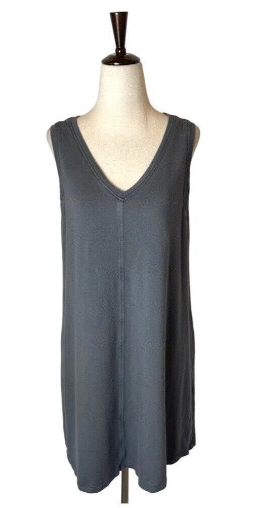 Flax Dress Women Medium Gray Jersey Knit V Neck Sleeveless Mini Tunic Lagenlook