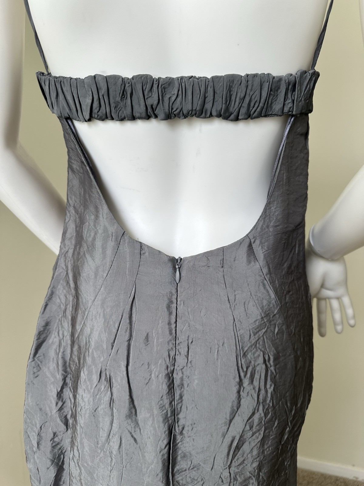 Zara : Ruched Midi Slip Dress Viscose Polyamide Strappy Sleeves Backless Lined