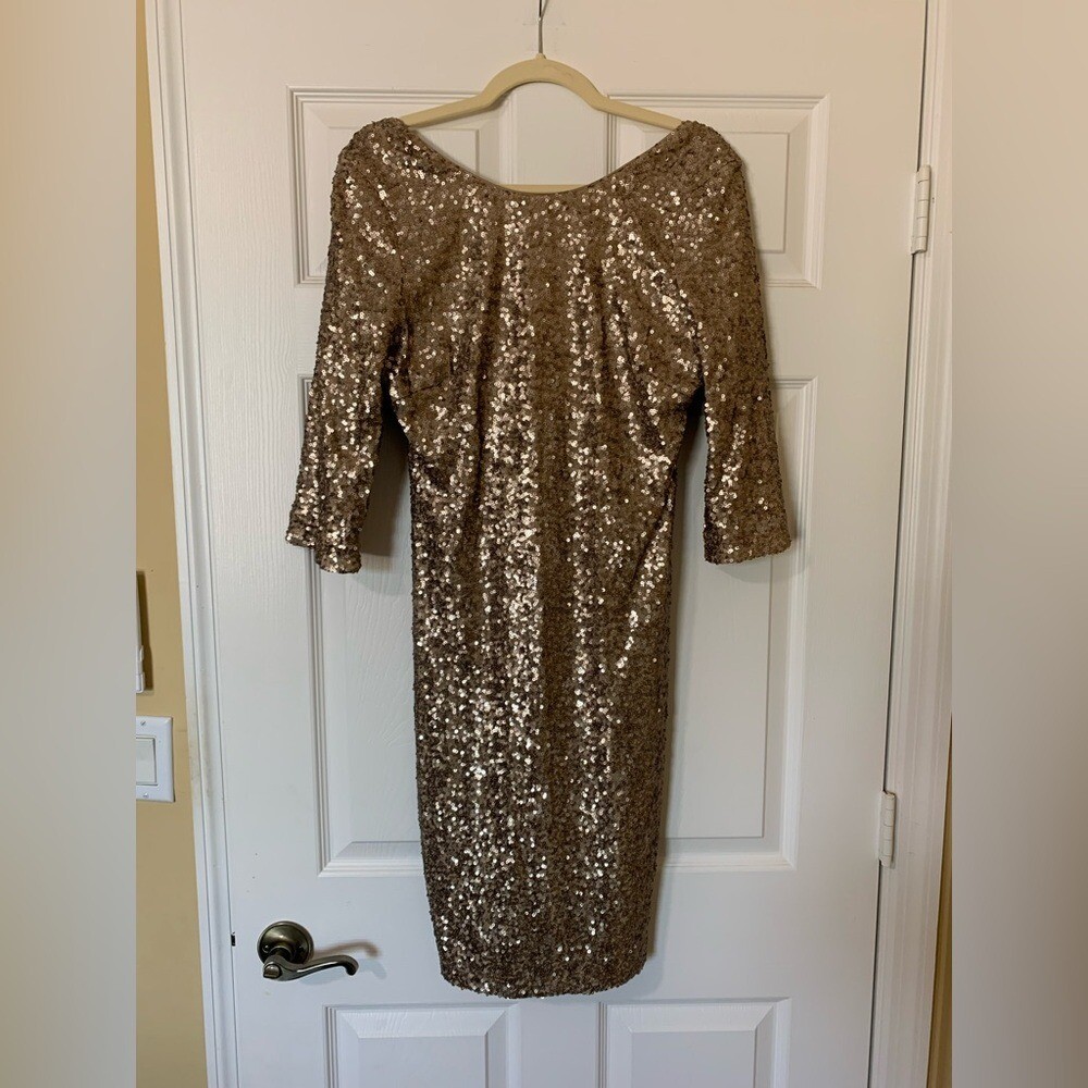 Badgley Mischka Gold Sequin Cuffed Sleeve Sheath Dress Sz L Formal Cocktail Gala
