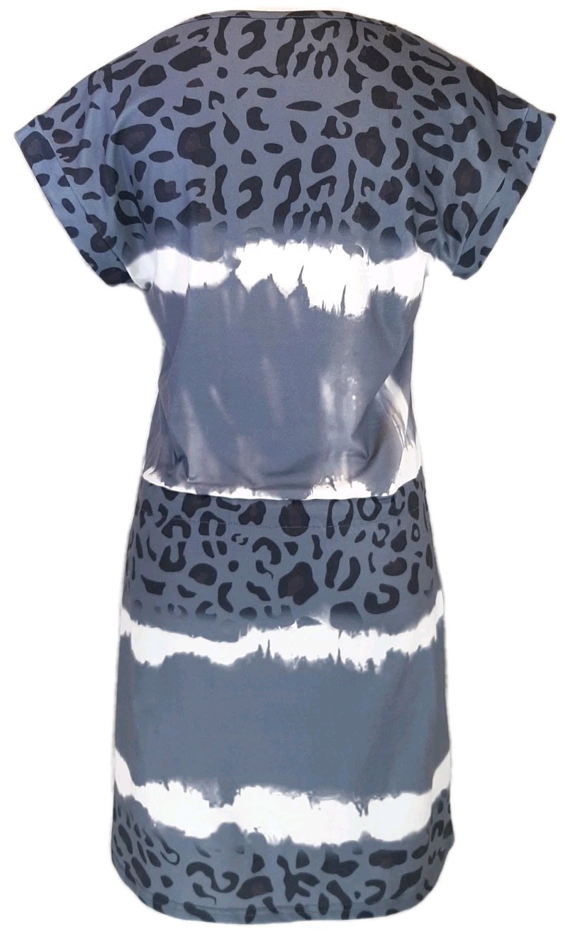Leopard Cheetah Tie Dye V-neck Short Sleeve Dress Drawstring Waist Pockets SzS