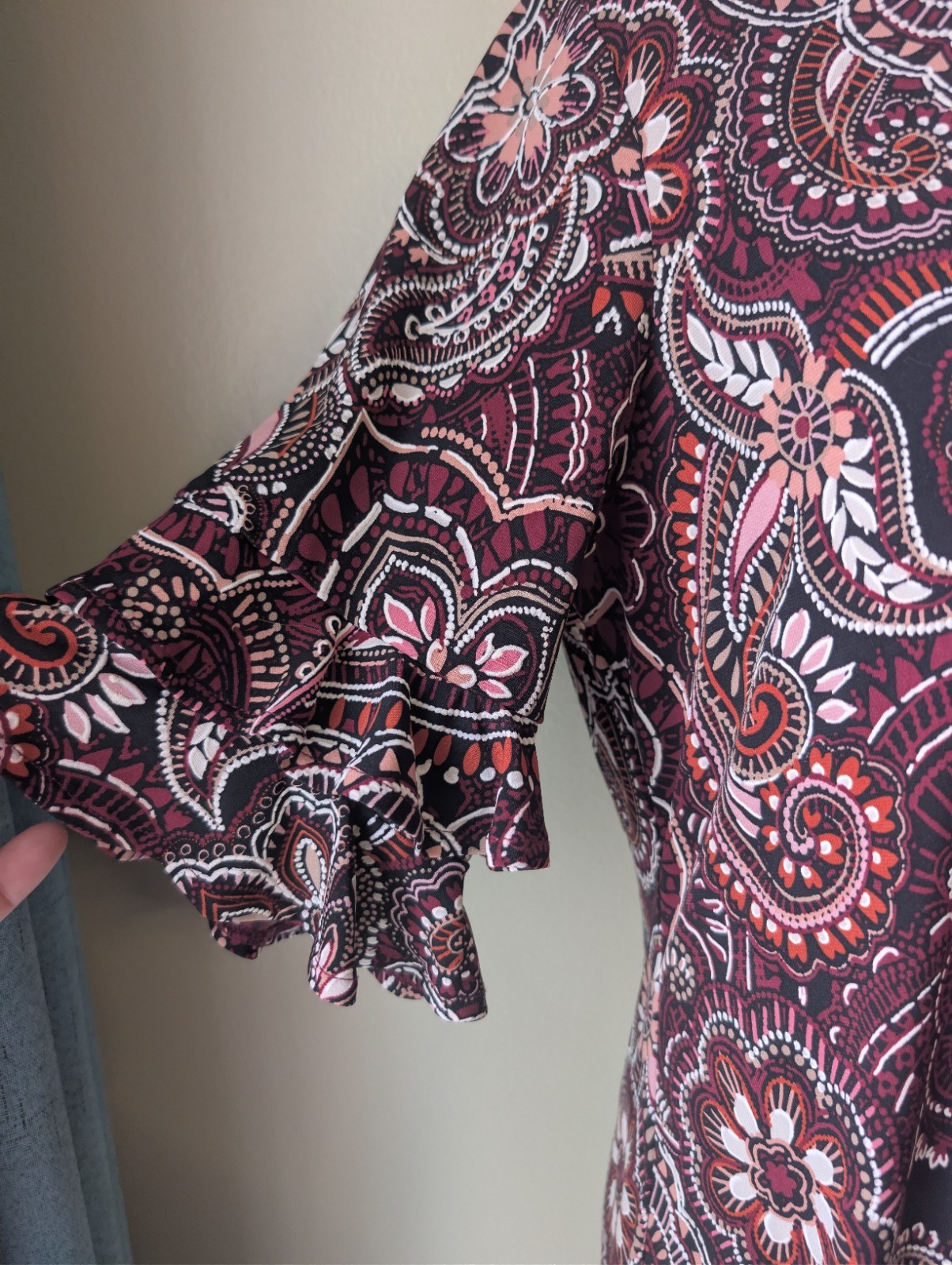 Perceptions Paisley 3/4 Ruffle Sleeve Midi Dress Burgundy