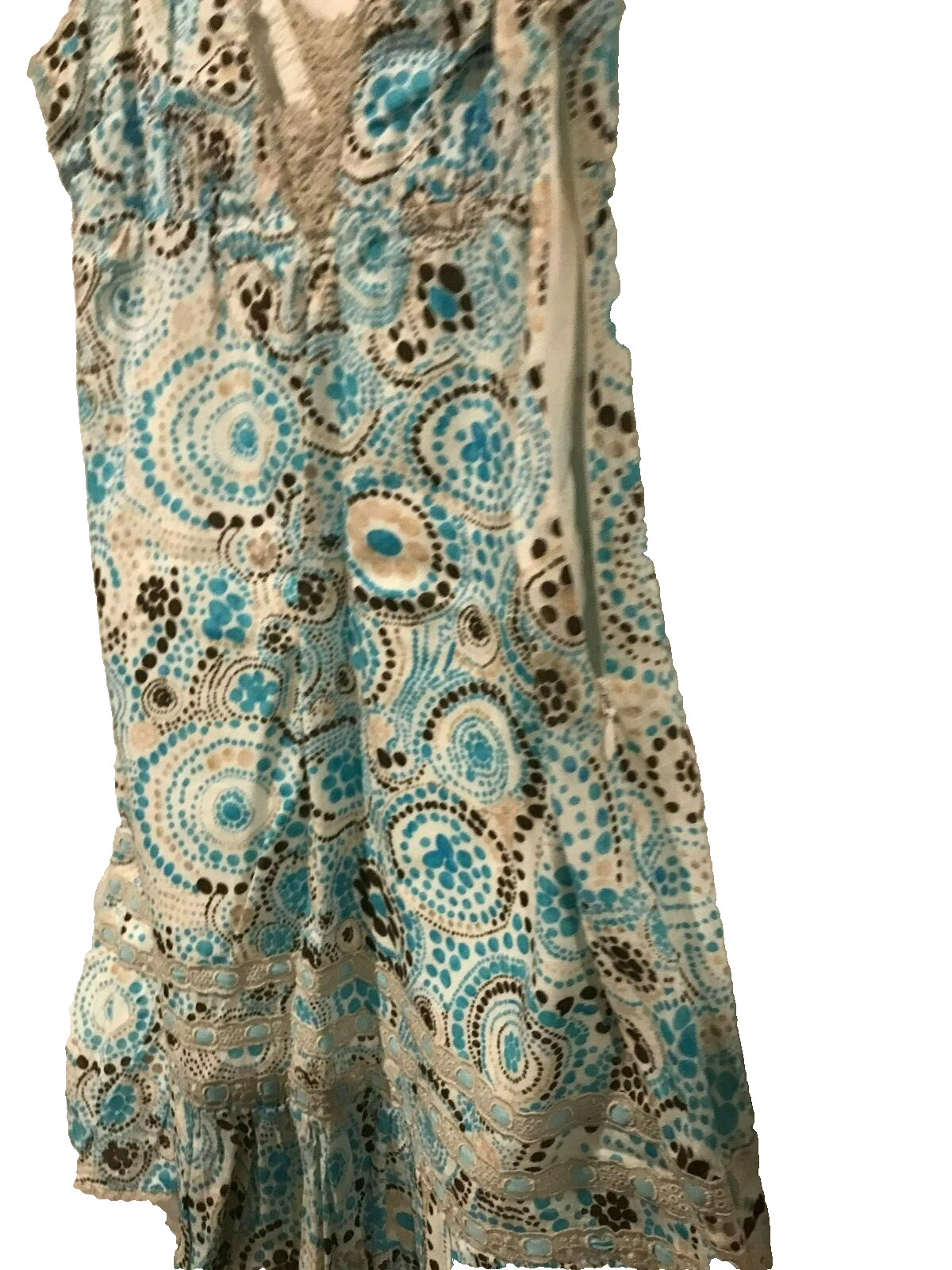 Free People Blue Tan Retro Style Mini Dress (Sz 6) Cotton 32″ L Circles Dots