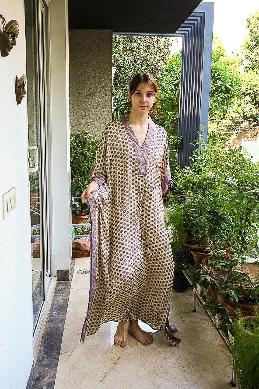 Silk Beige Kaftan / Handmade Flowy Maxi Dress / Resort Wear Outfit PS MFN1048