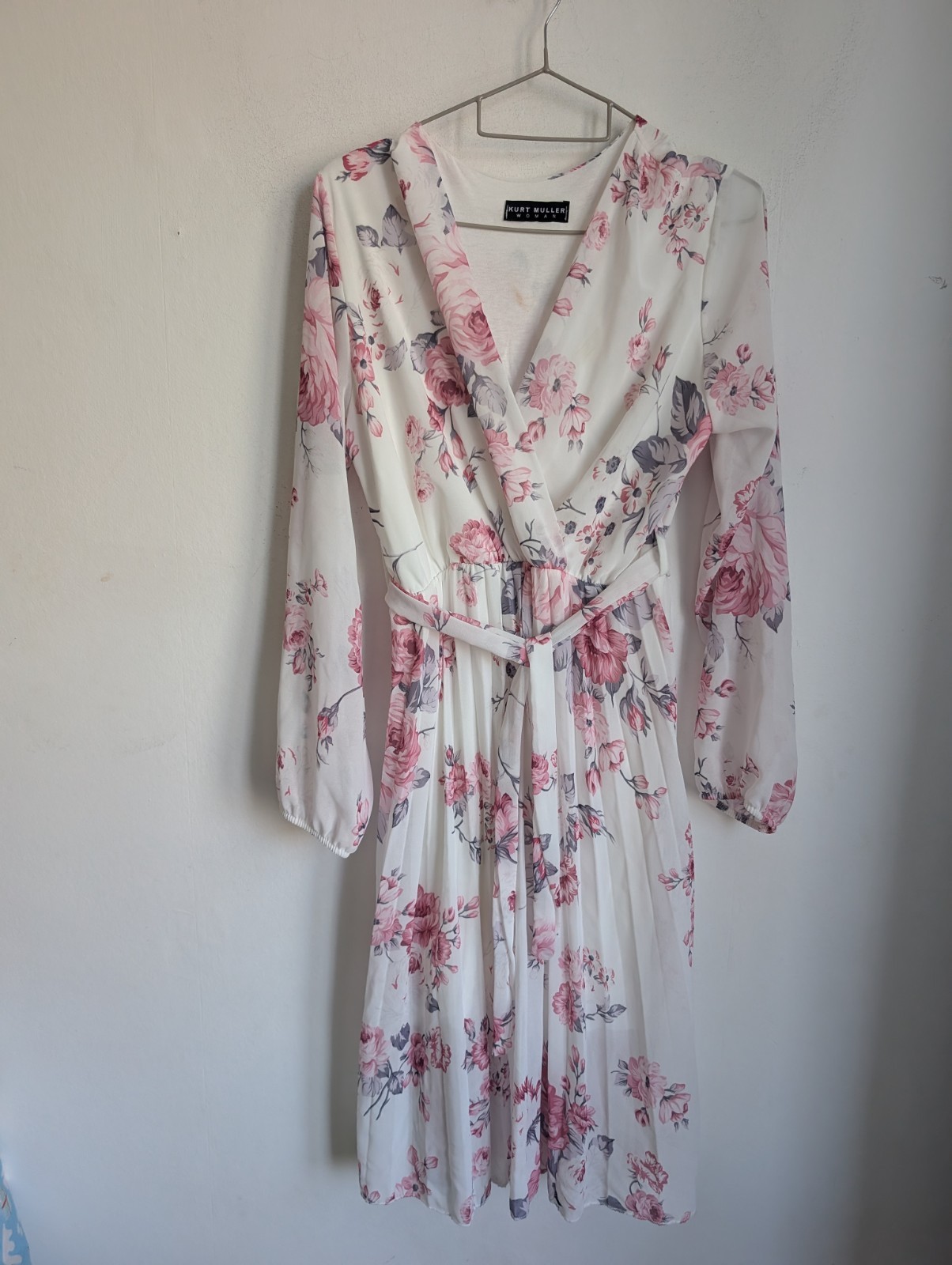 Kurt Muller Pink White Rose Print Long Sleeve Chiffon Dress Size L (T33)