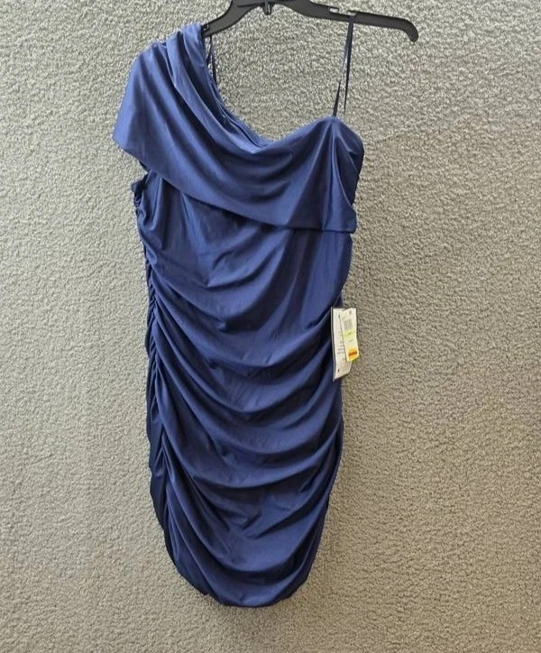B. Darlin Plus Size Ruched One-Shoulder Dress 18W Navy Solid Back Ziper $79 MSRP