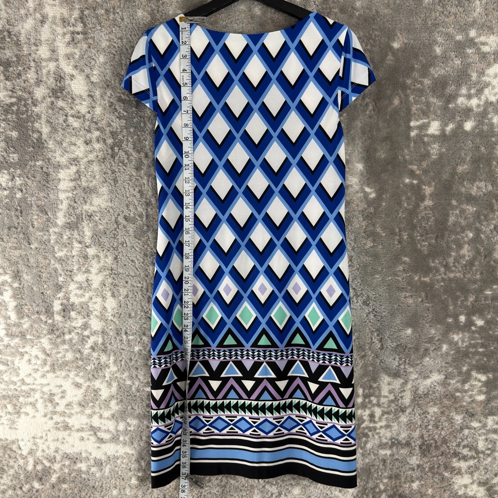 Jessica Howard Sz S Geometric Shift Mini Dress Blue cap Sleeve Pullover Stretch
