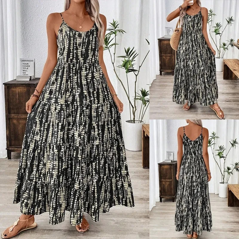 Women’s Tie-Dye Print Spaghetti Strap Tiered Maxi Dress