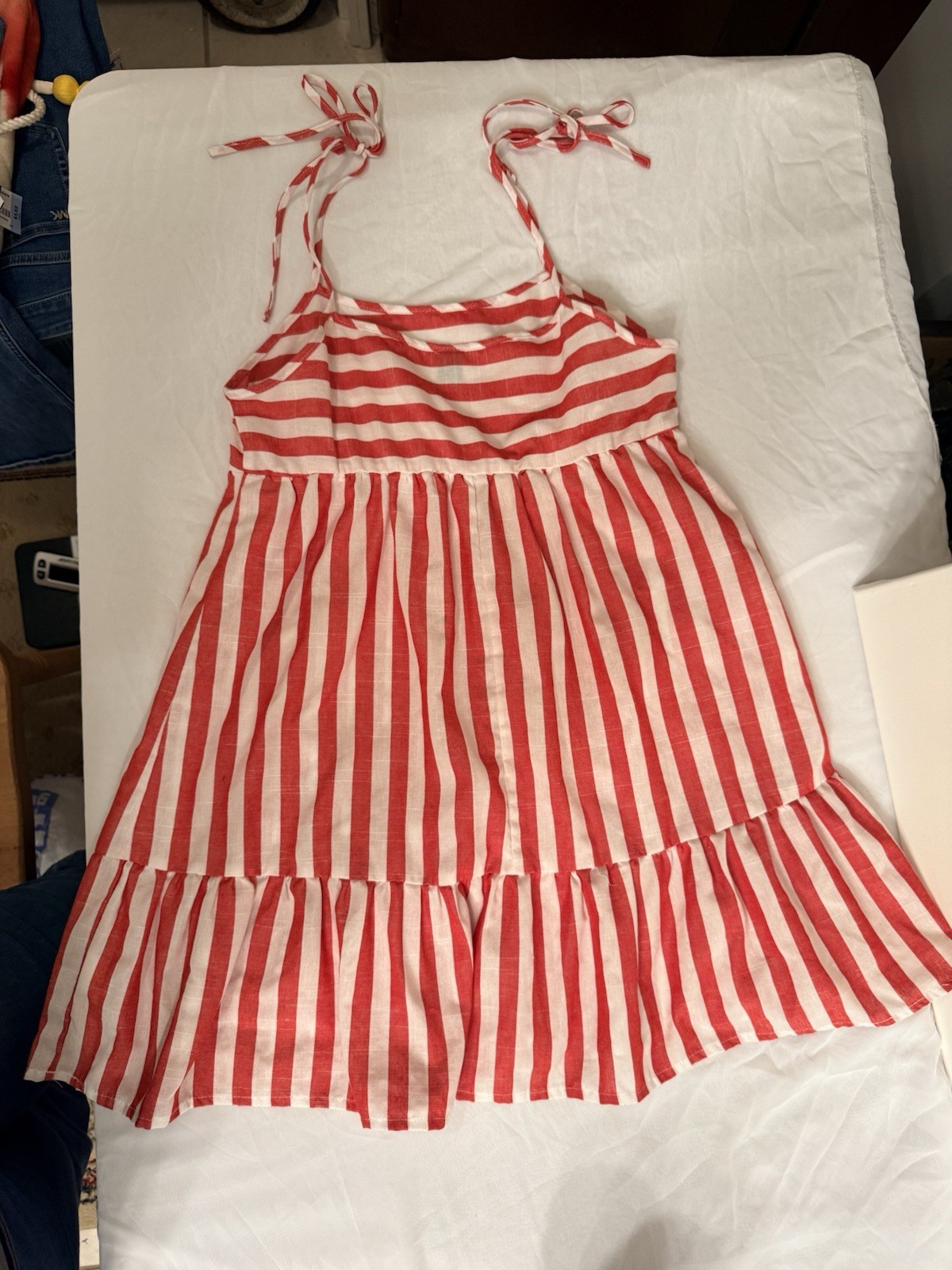 SHEIN Women’s Red White Striped Square Neck Tie Strap Ruffle Hem Sundress S