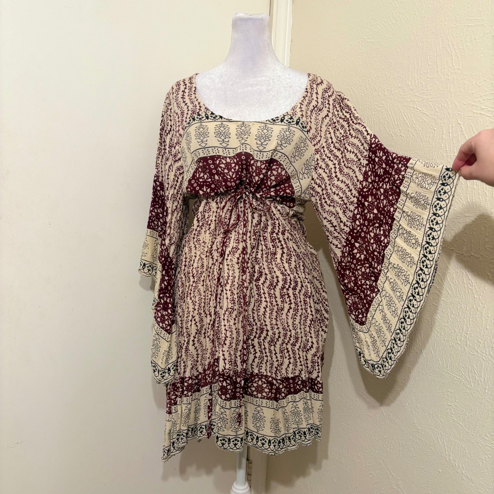 Boho Paisley Bell Sleeve Tunic Drawstring Dress Fairy Hippie Burgundy Floral L