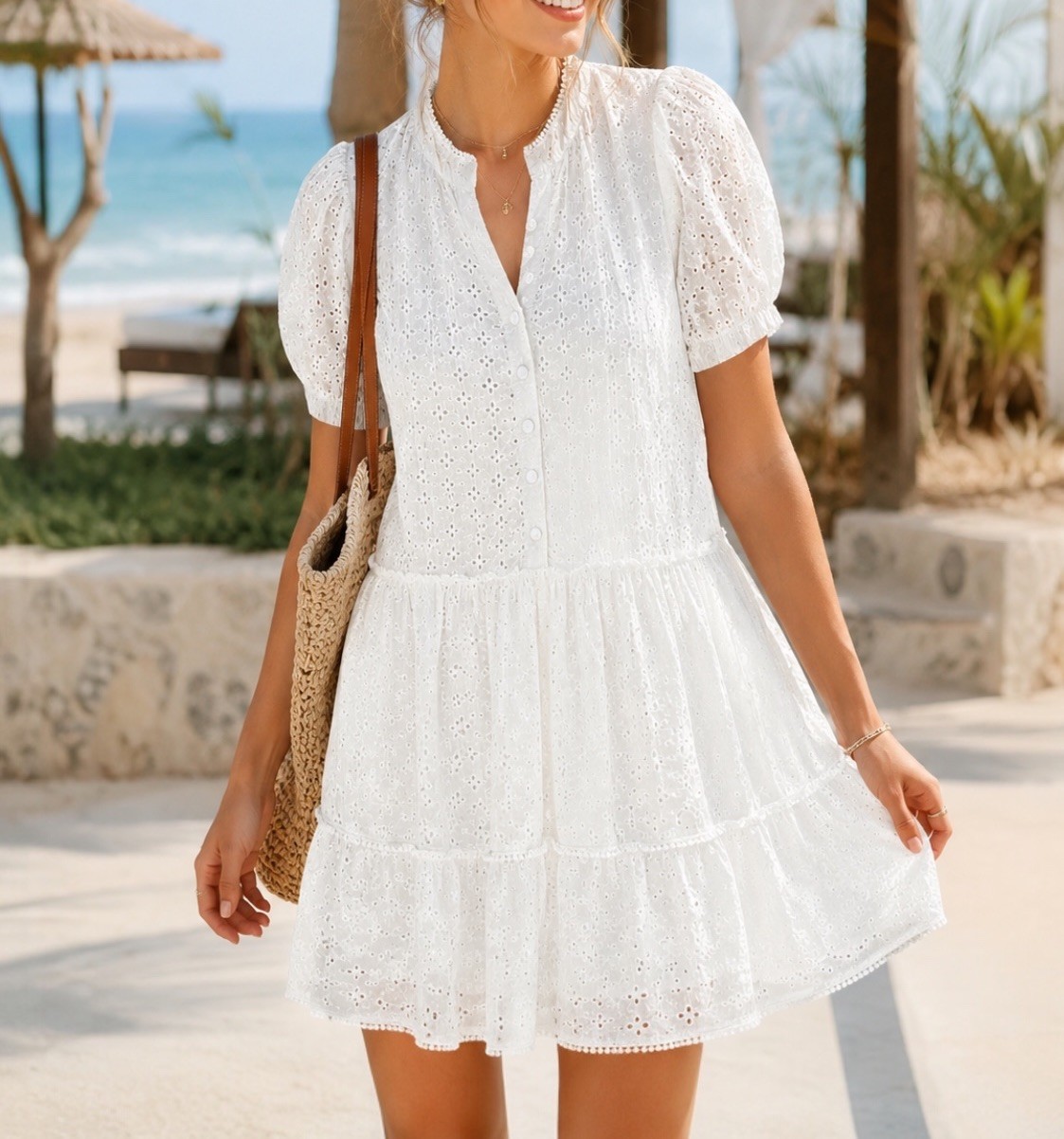 Pinch Eyelet Tiered Puff Sleeve Dress White L