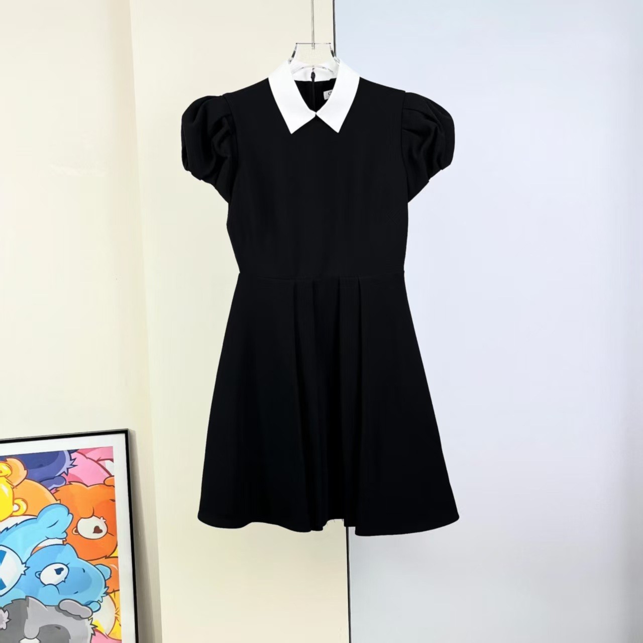 Christian Dior Black Contrast‑Collar Puff‑Sleeve Fit‑and‑Flare Mini Dress