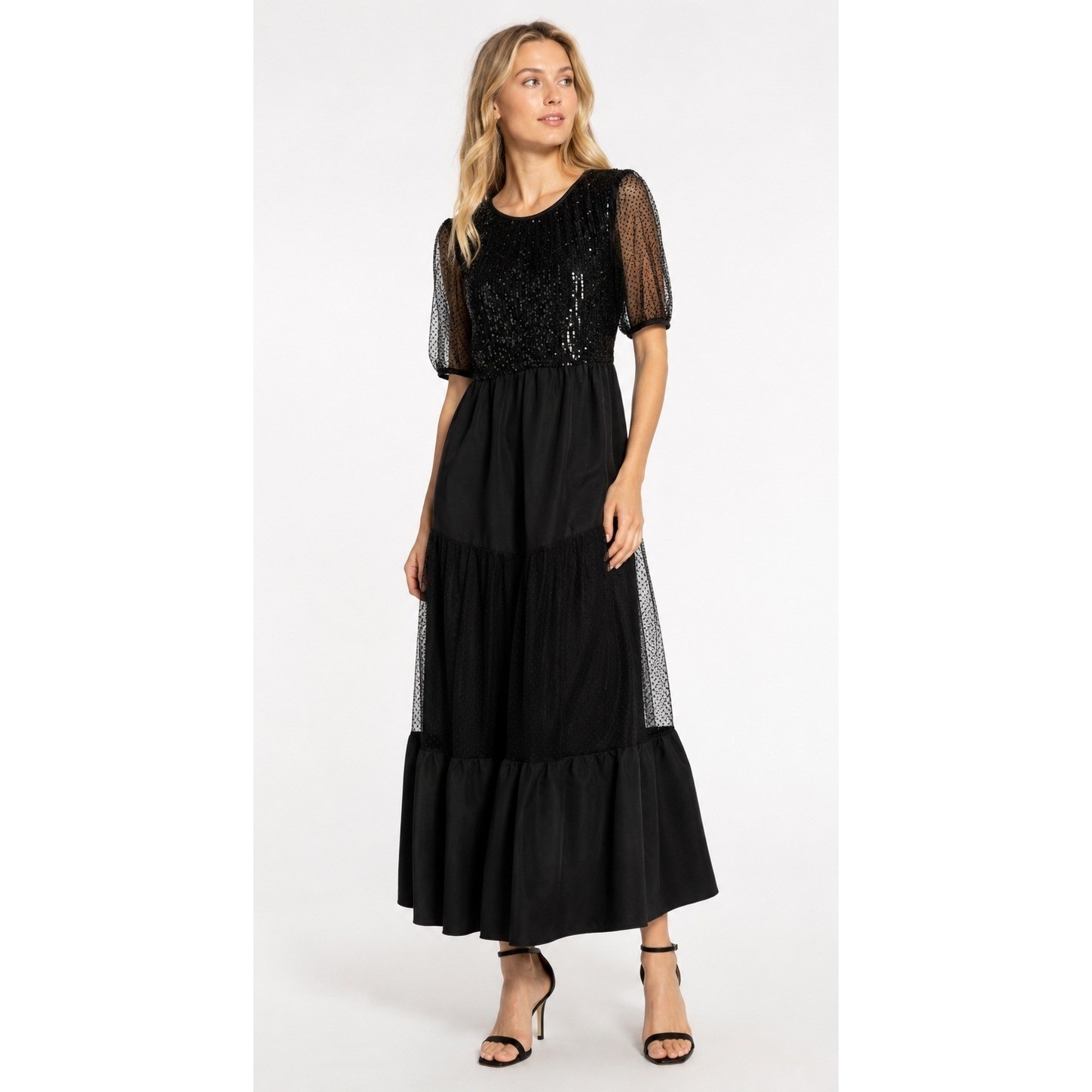 LDT Ira Sequin Tiered Dress Women 4 Black Puff Sleeve Whimsigoth Fairycore Midi