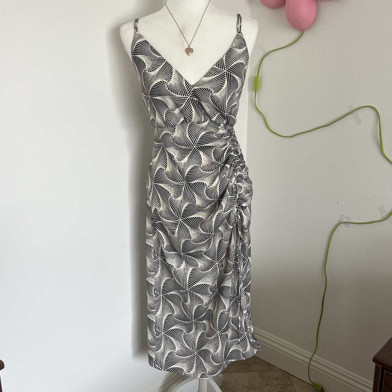 UO Black & White Geometric Satin Midi Slip Dress V-Neck Ruched Side Slit NWT M