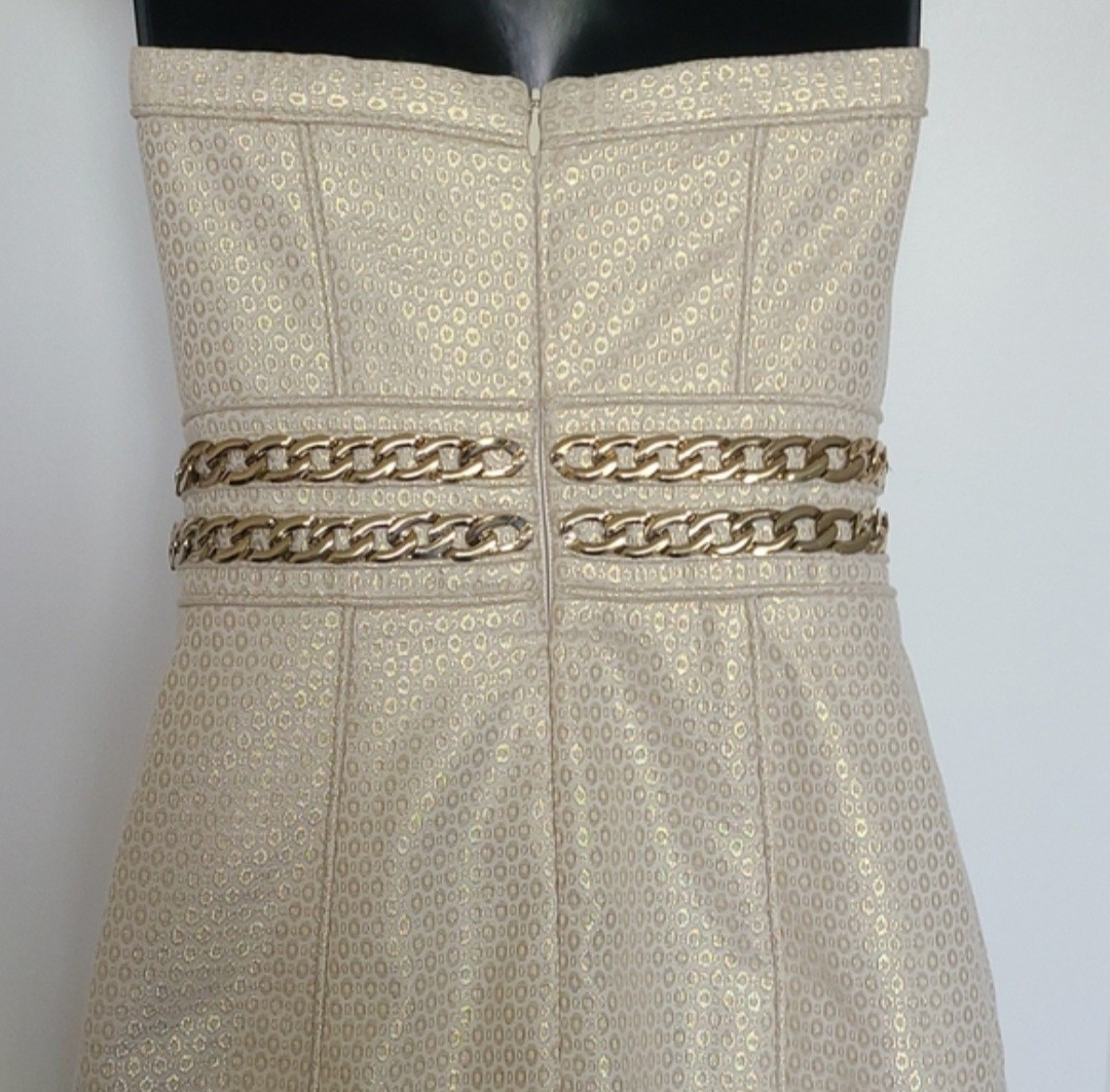 Laundry by Shelli Segal Gold Metallic Jacquard Chain Waist Mini Dress Strapless