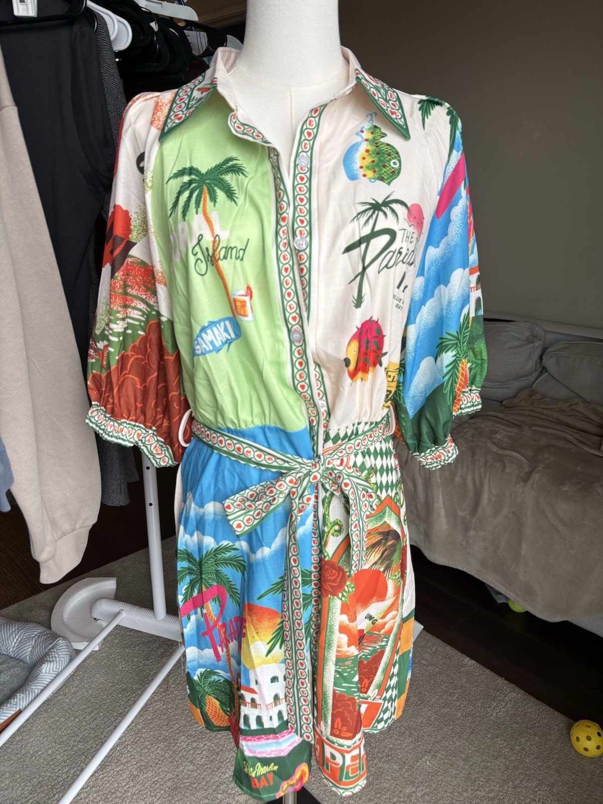 Tropical Patchwork Mini Dress XL Resort Print Designer Inspired Puff Sleeve