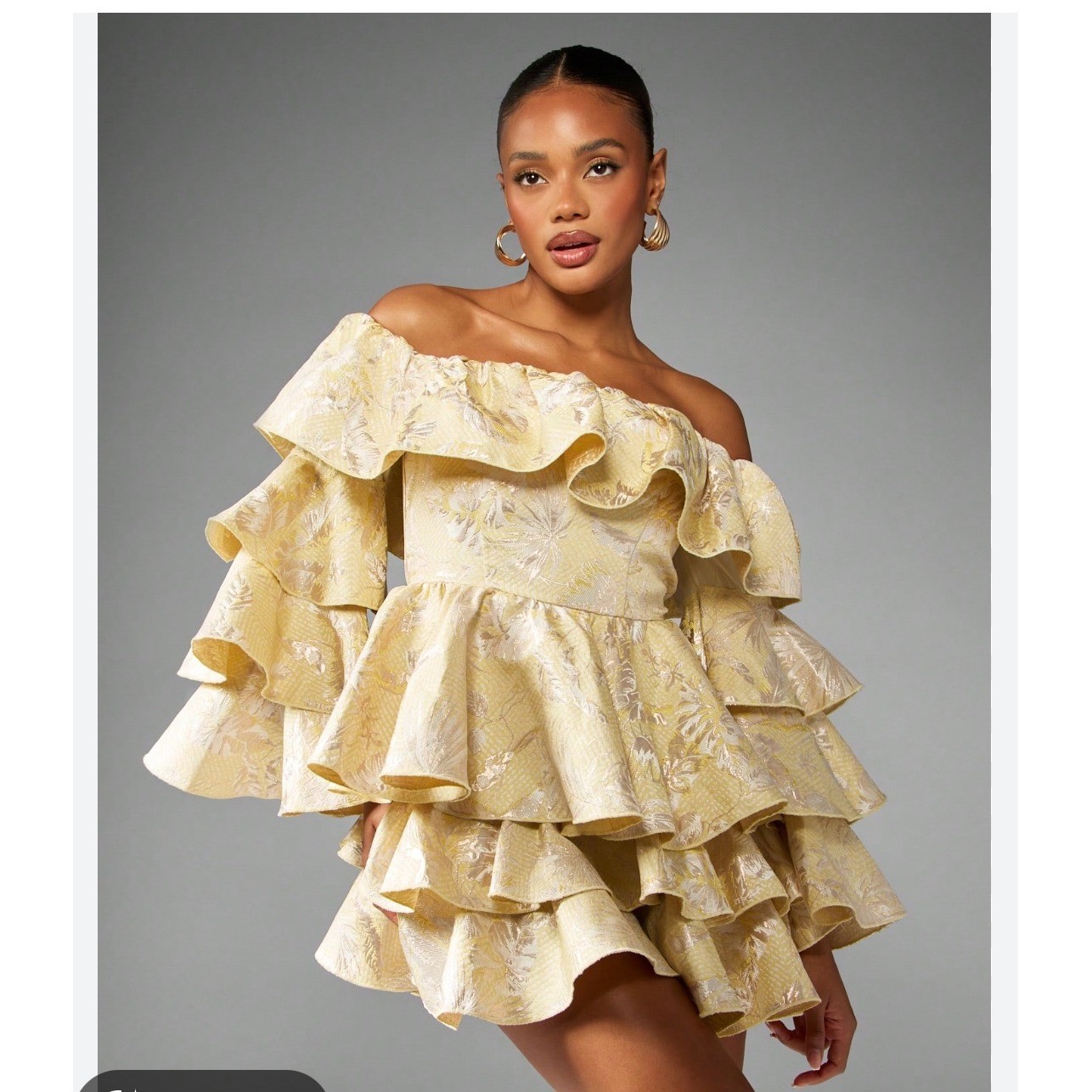 Missguided Yellow Metallic Floral Brocade Tiered Ruffle Off Shoulder Top Mini