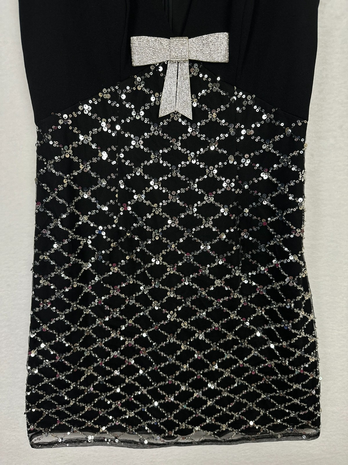 Adrianna Papell Mini Dress Black Silver Size 0 Sequined Rhinestone Bow NWT