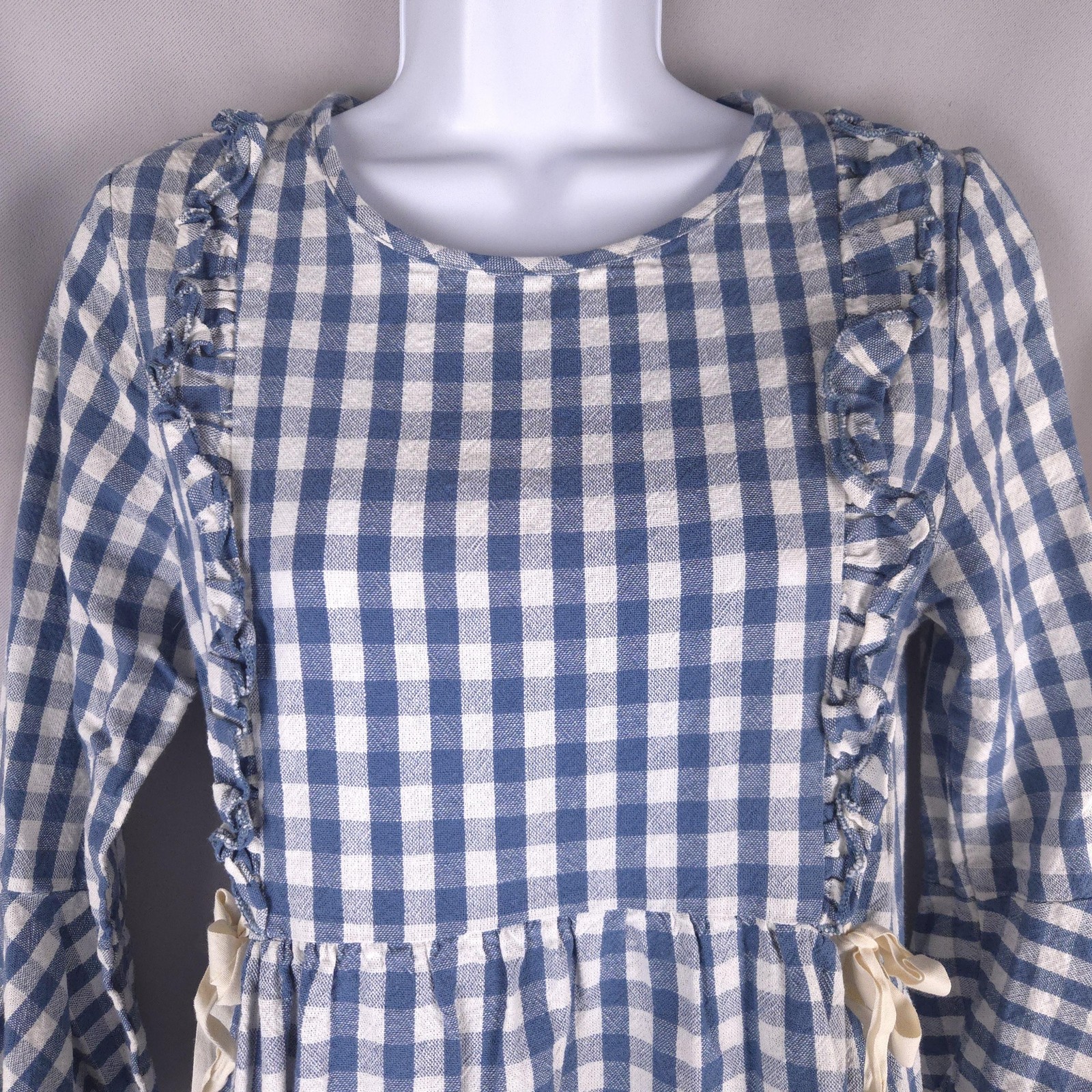 Blue Gingham Check Fit Flare Midi Dress Womens S Ruffle Bell Sleeve Cottagecore