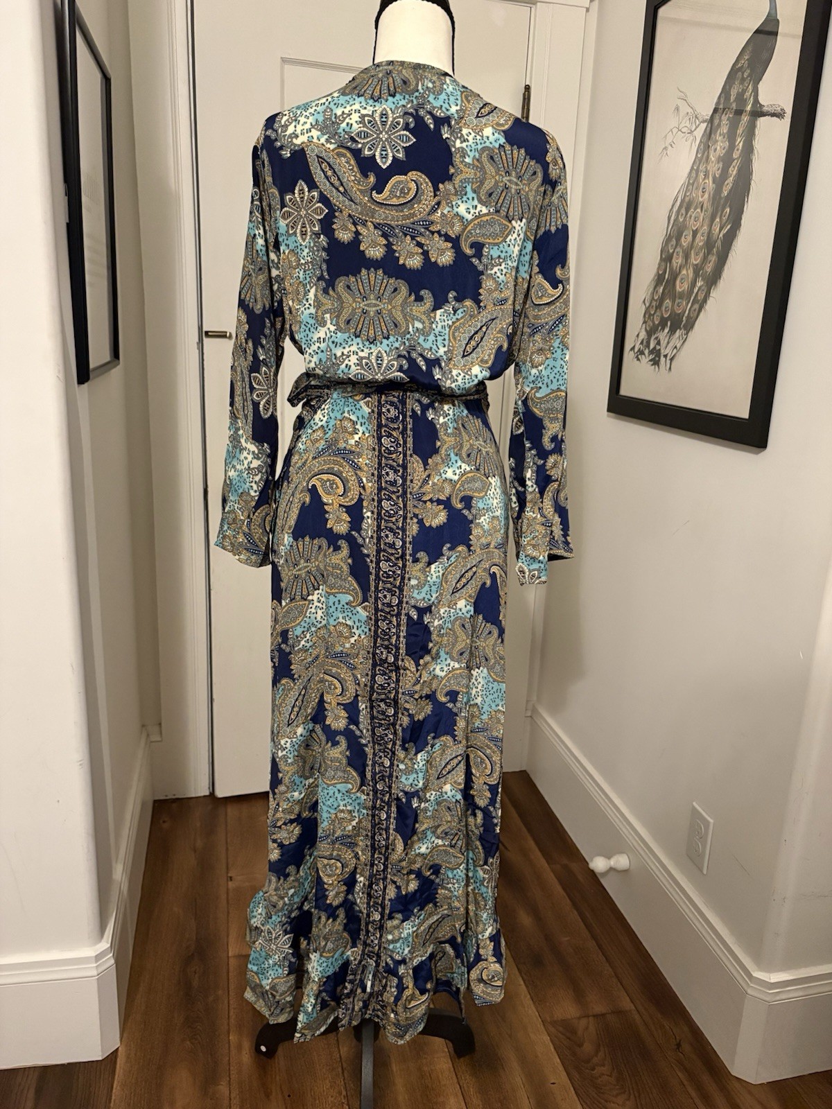 NWT Cienna Mahala Blue Paisley Wrap Maxi Dress Long Sleeve V-Neck Tie Size L