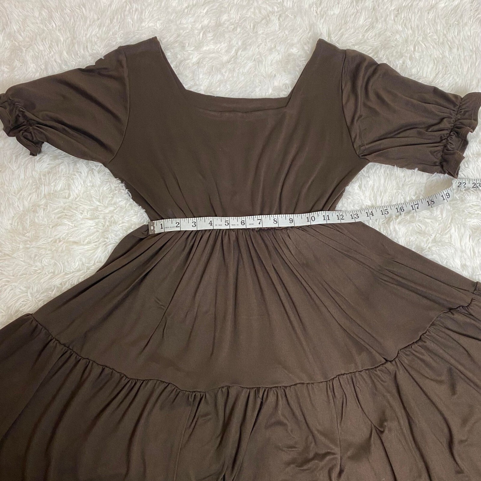 Puff Sleeve Square Neck Long Dress for Women, Fits Small to Medium,Brown