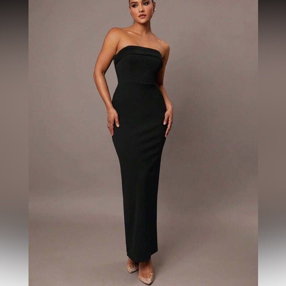 Shein Silquee Women Strapless TubeTop Satin Neck Formal Black Evening Dress L