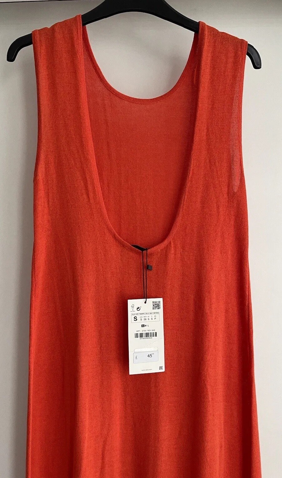 ZARA RED CAROL COTTON BLEND MIDI KNIT DRESS WITH PLUNGING NECKLINE SIZE S BNWT