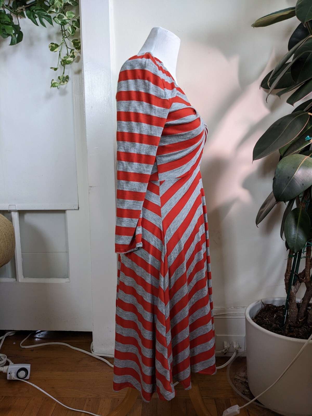 bright red / heather gray striped gathered bust long sleeve rayon dress knit