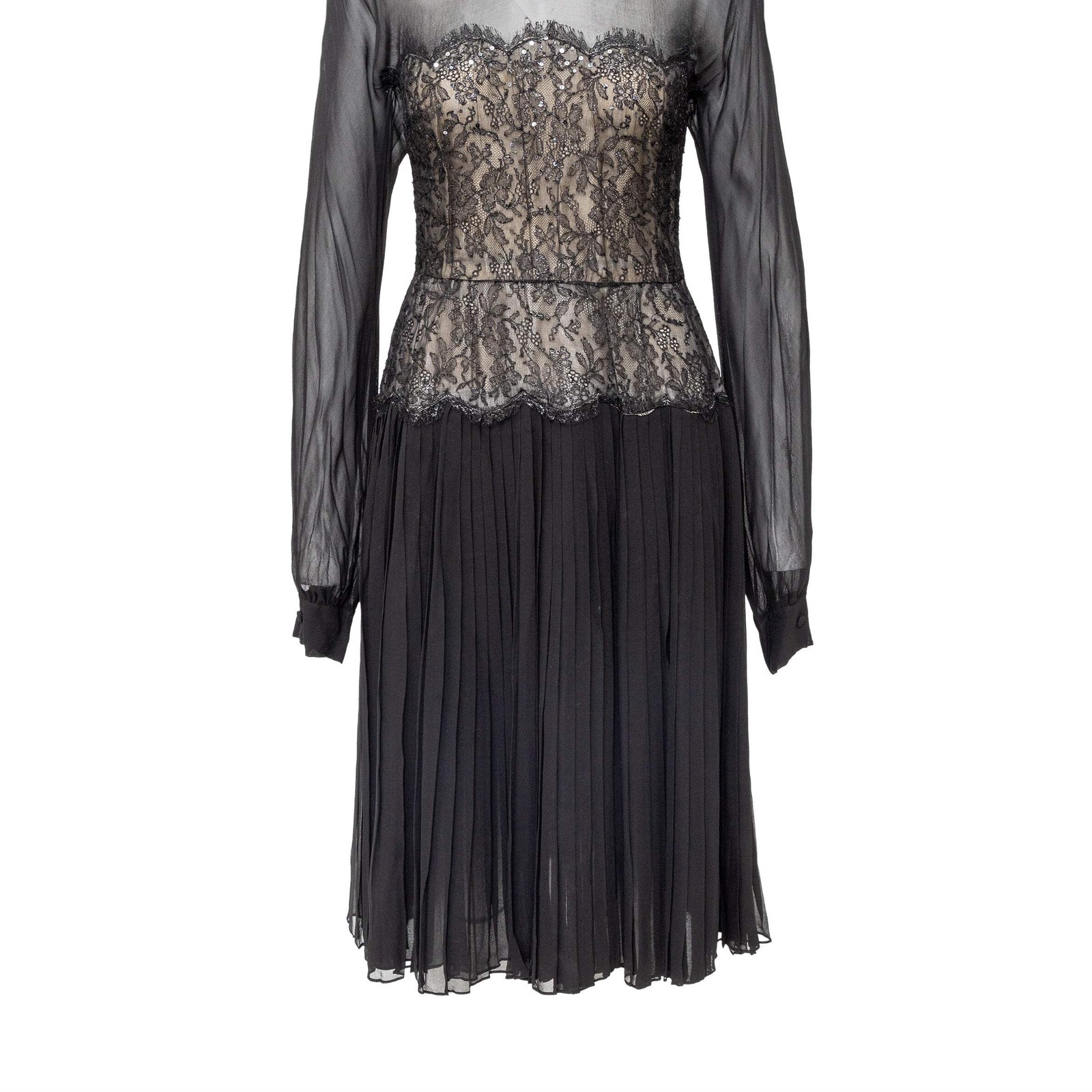 Nina Ricci Haute Boutique Black Chiffon Lace Dress 1970s France Vintage