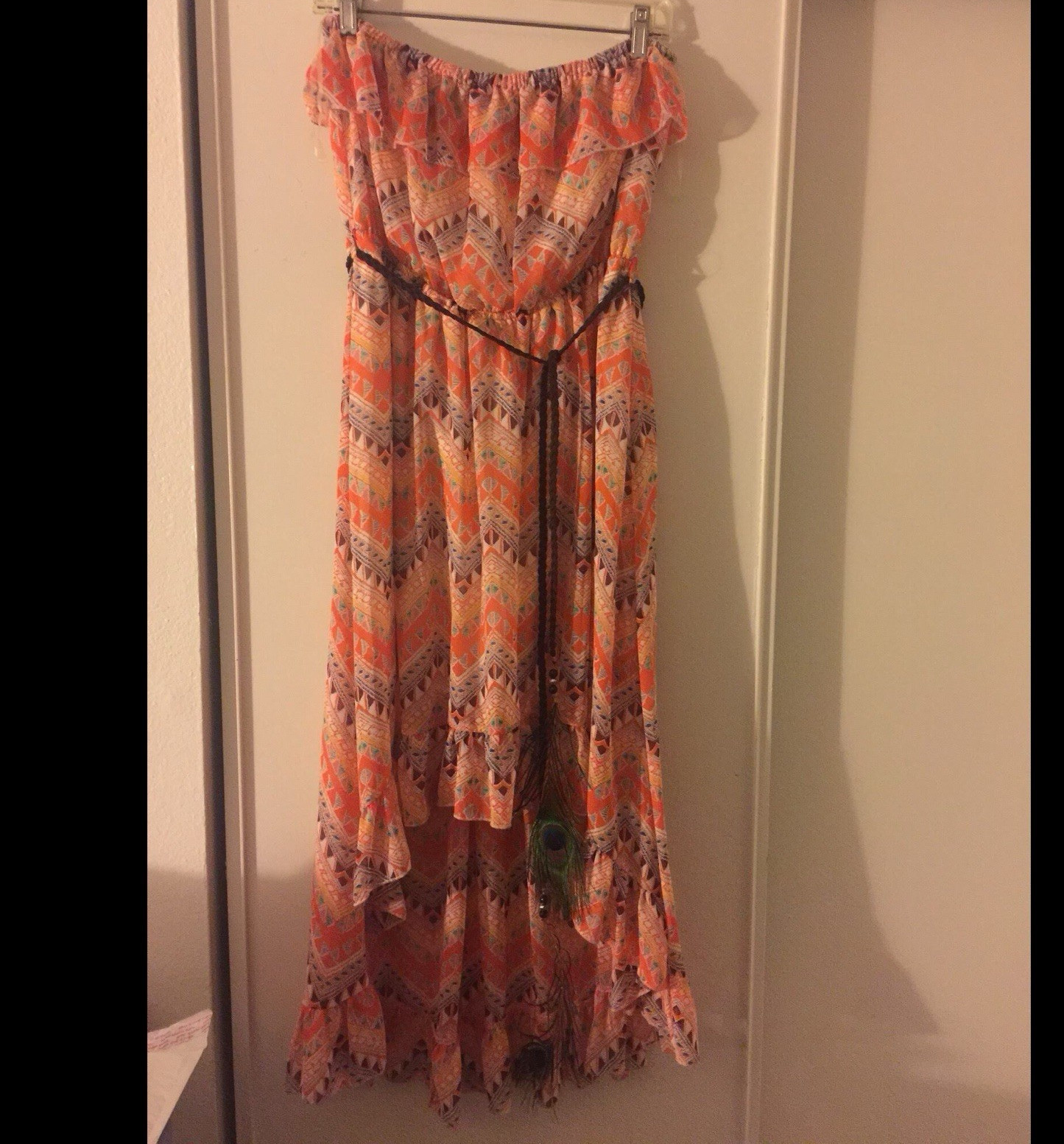 Ladmodele! XL Off Shoulder Strapless Geometric Ruffle Midi Dress Orange High Low