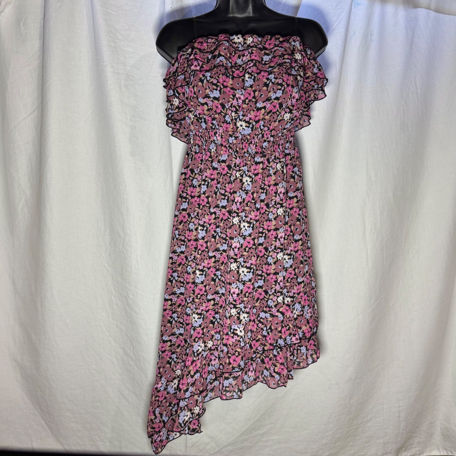 Floral Strapless Asymmetrical High Low Ruffle Dress Pink Emerald Sundae Large