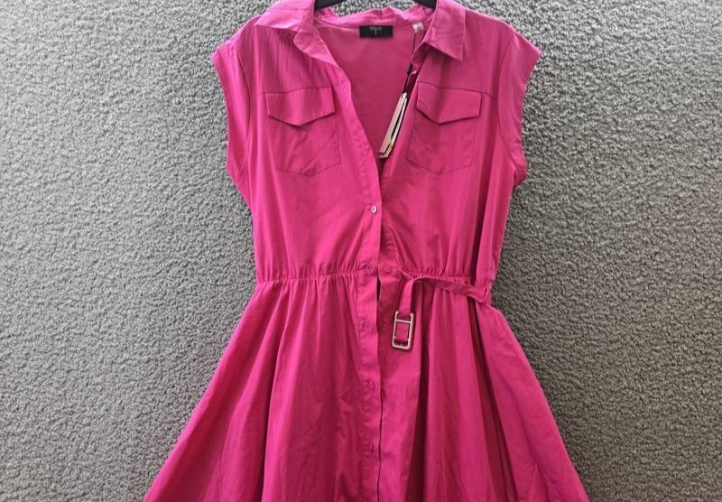 T Tahari Spread-Collar Button-Front Midi Dress Women’s 12 Tulip Pink Belted