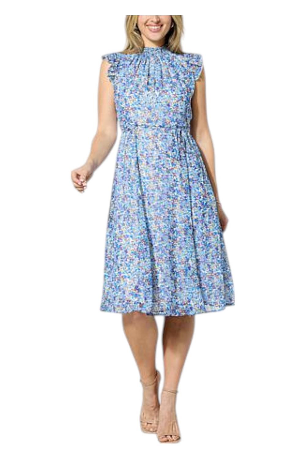 Nina Leonard Women’s Printed Smock Neck Midi Dress Blue