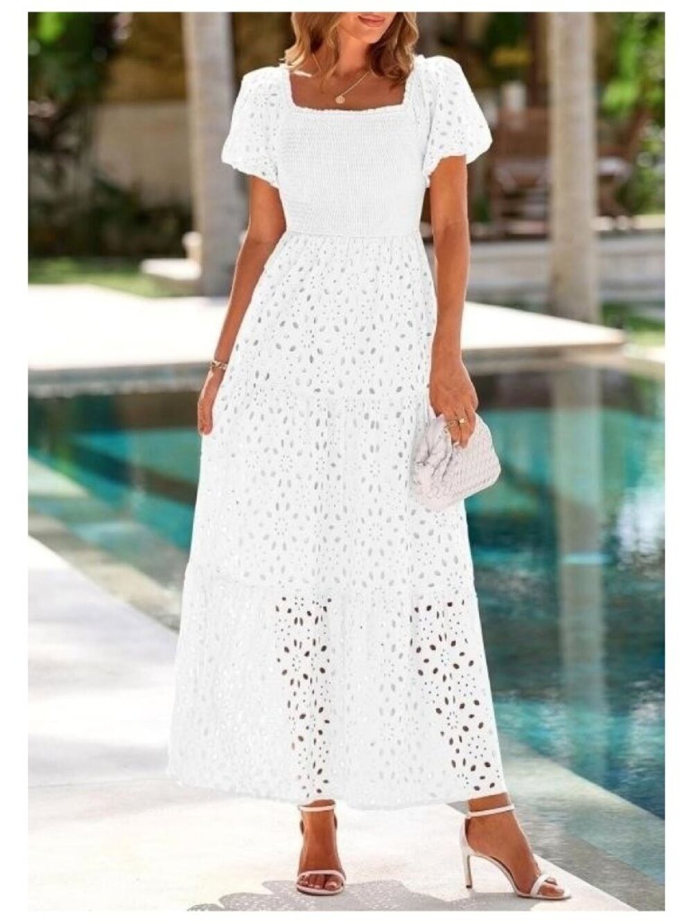 PrettyGarden Maxi Dress Medium White Smocked Puff Sleeve Tiered Boho