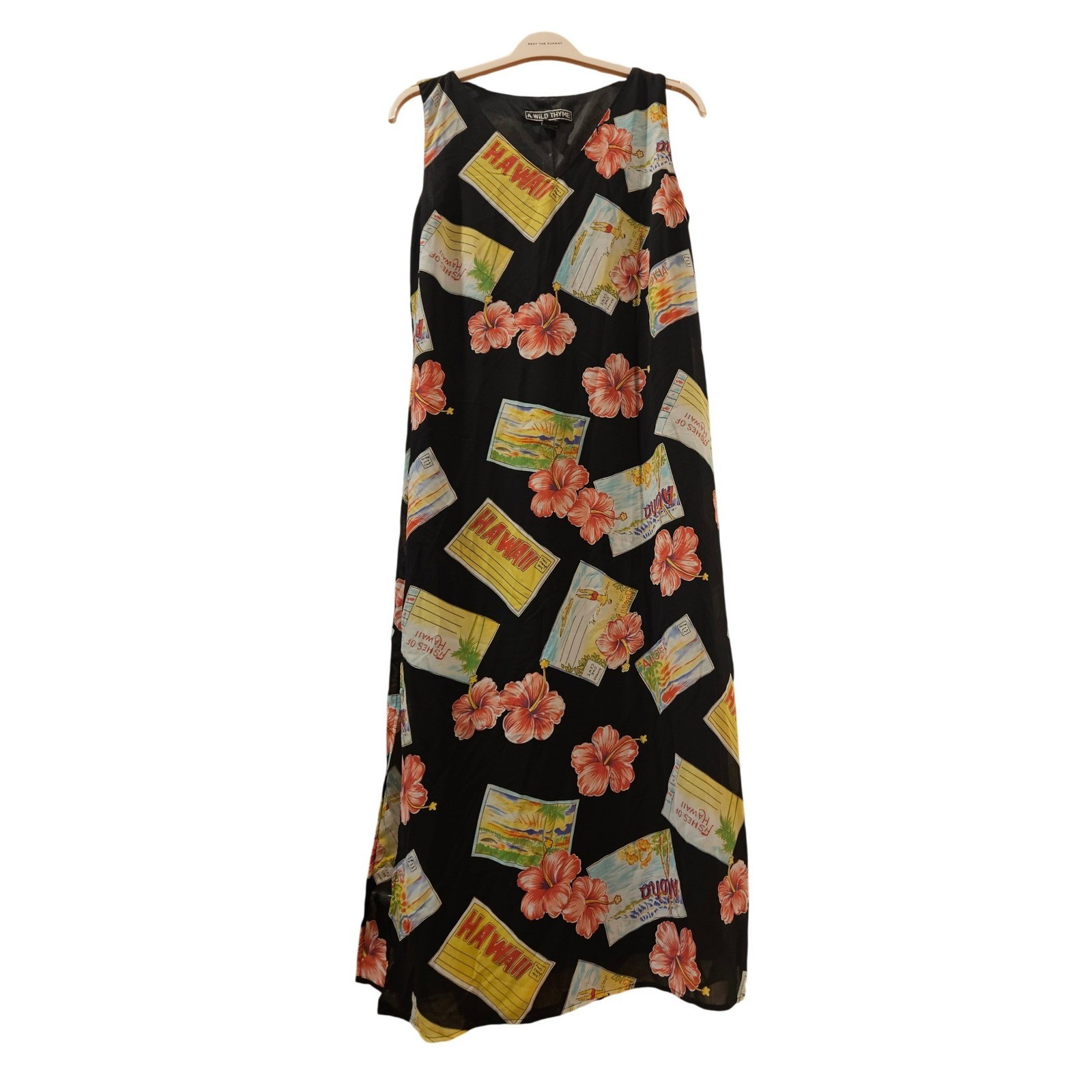 A Wild Thyme Hawaii Postcard Hibiscus Print Maxi Dress Black Womens 14 Tropical