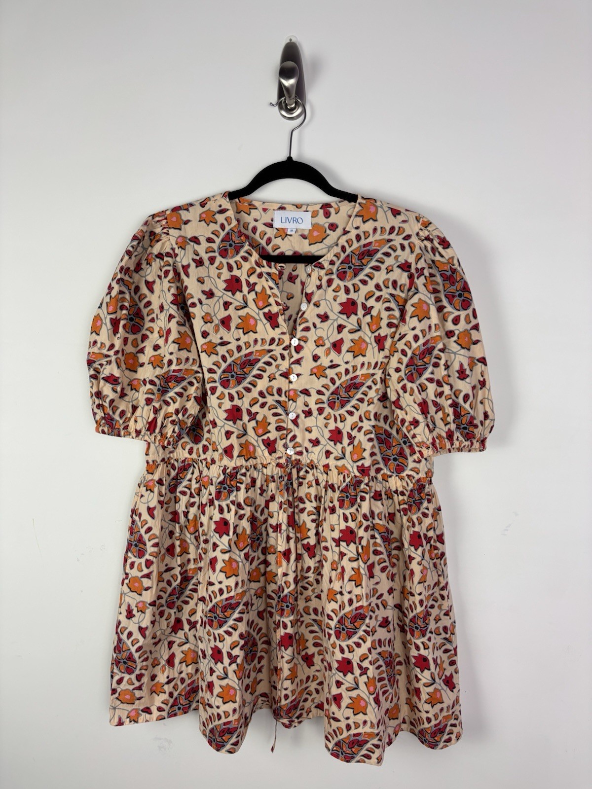 Livro Puff Sleeve Floral Mini Dress Medium Beige Orange Red Pockets Drawstring