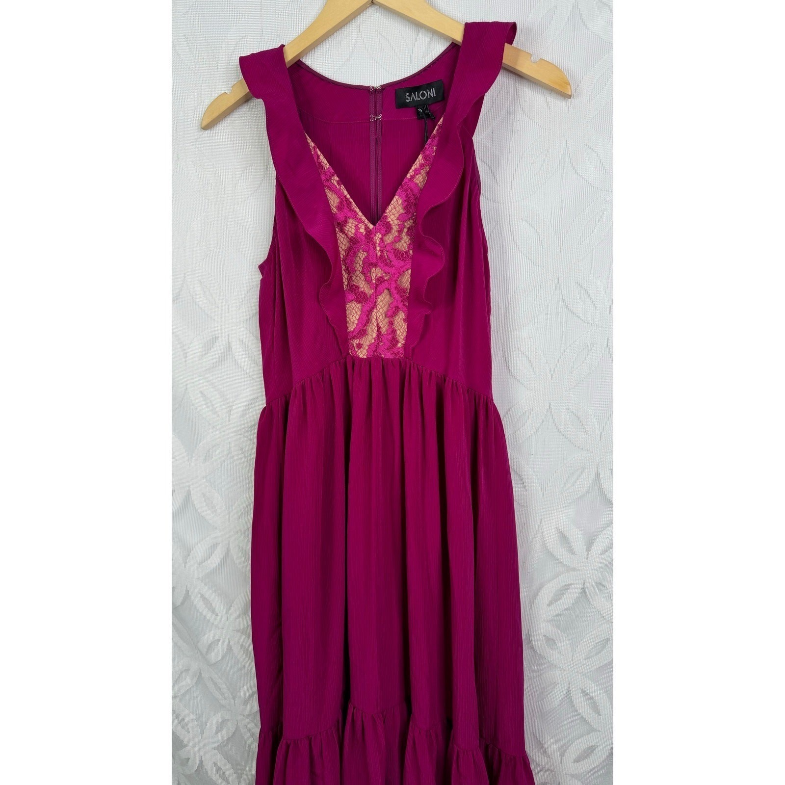 SALONI Suzi Berry Crinkle Crepe Lace Maxi Dress Size 6 NWT
