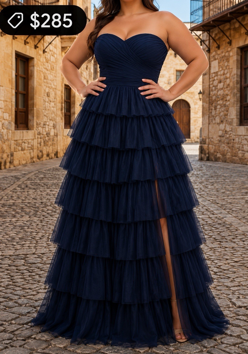 #22-13 Navy Chiffon Sweetheart Strapless Dress Lace-Up Corset Slit Ruffle 26
