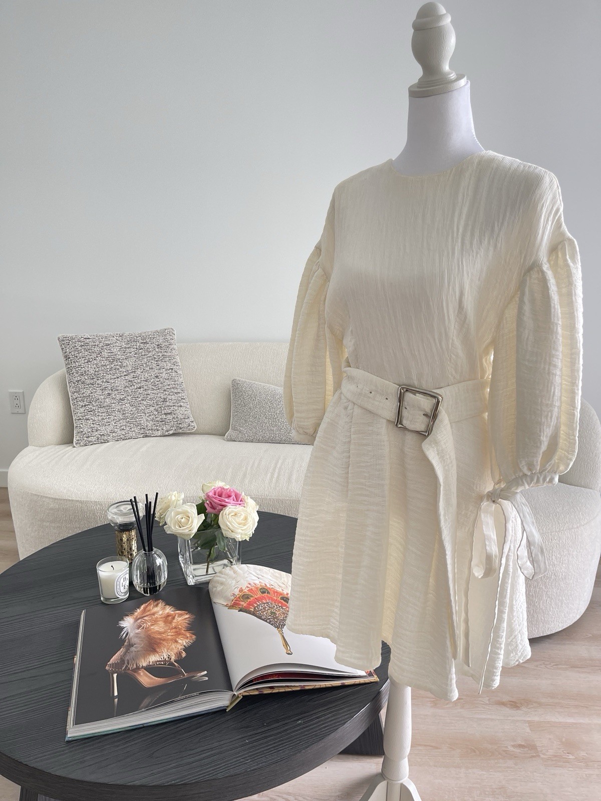 Rejina Pyo Vivian Belted Mini Dress White Puff Sleeve Size US 4