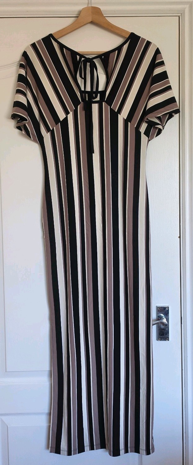 Badgley Mischka Angel Sleeve Tie Back Striped Jersey Dress, Taupe/Black, Size M