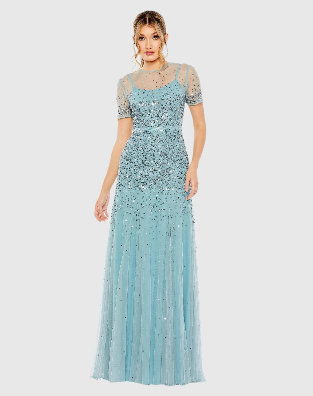 MAC DUGGAL HIGH NECK SHORT SLEEVE SEQUIN EMBELLISHED DRESS BLUE SZ 8 93909 NEW