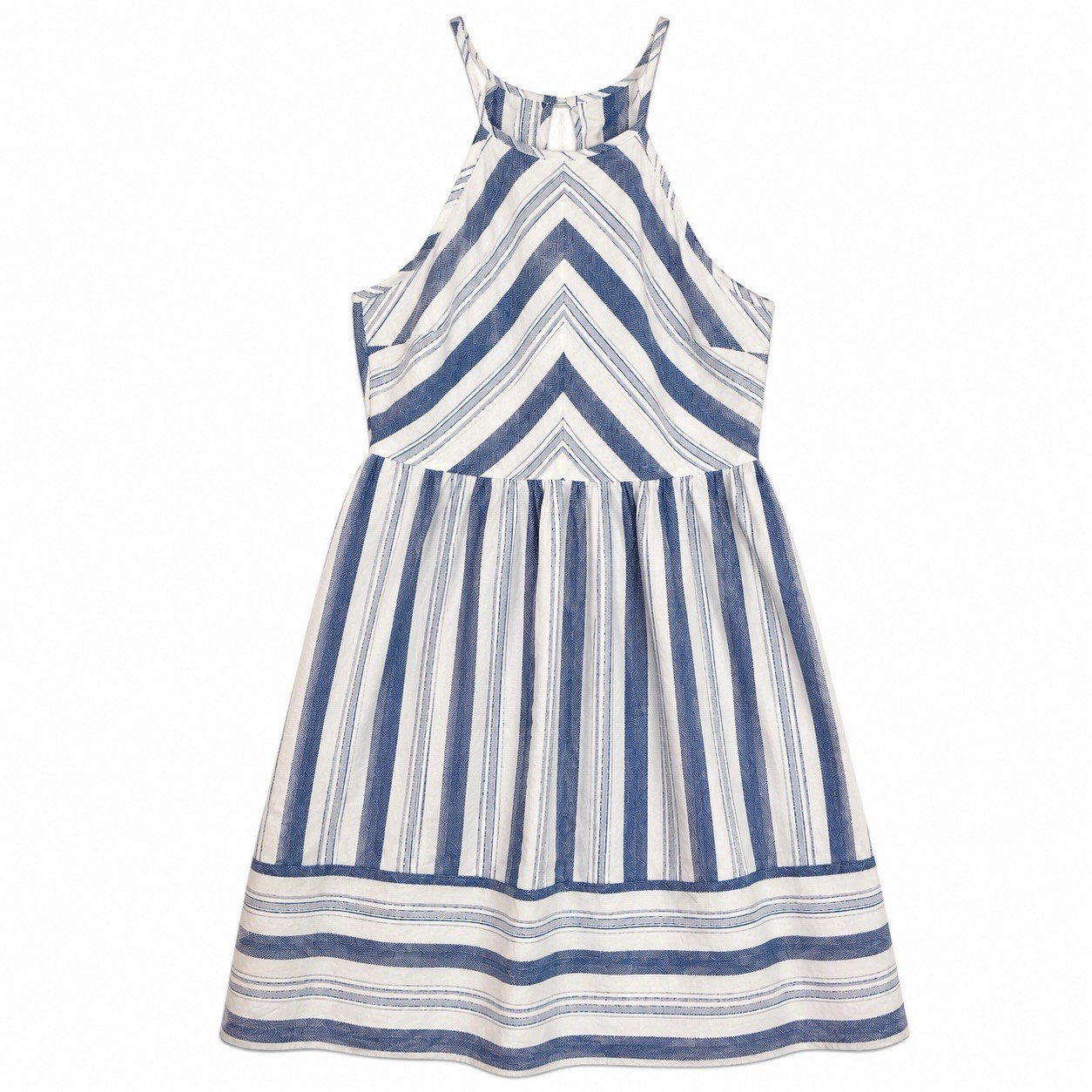 Summer Halter Midi Dress L Striped Cotton Coastal Nautical Beach Resort