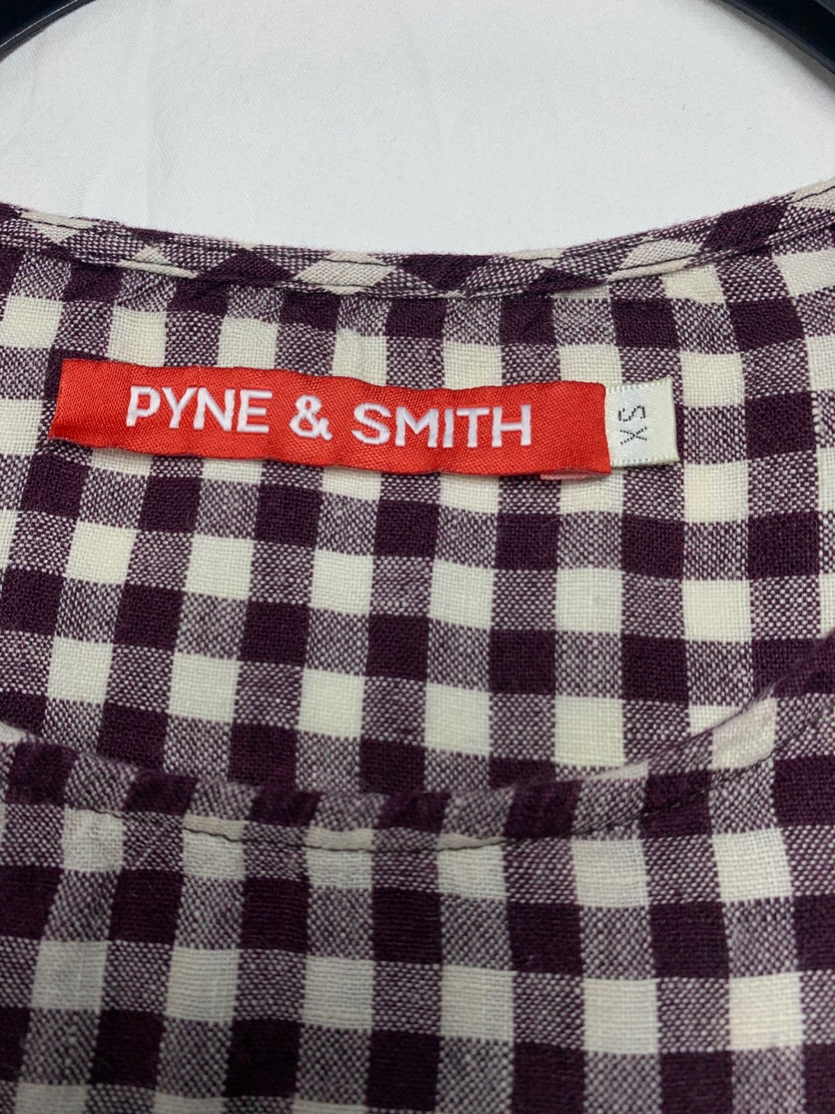 Pyne & Smith 100% Linen Aubergine Gingham Check Midi Dress XS with Tie Belt USA