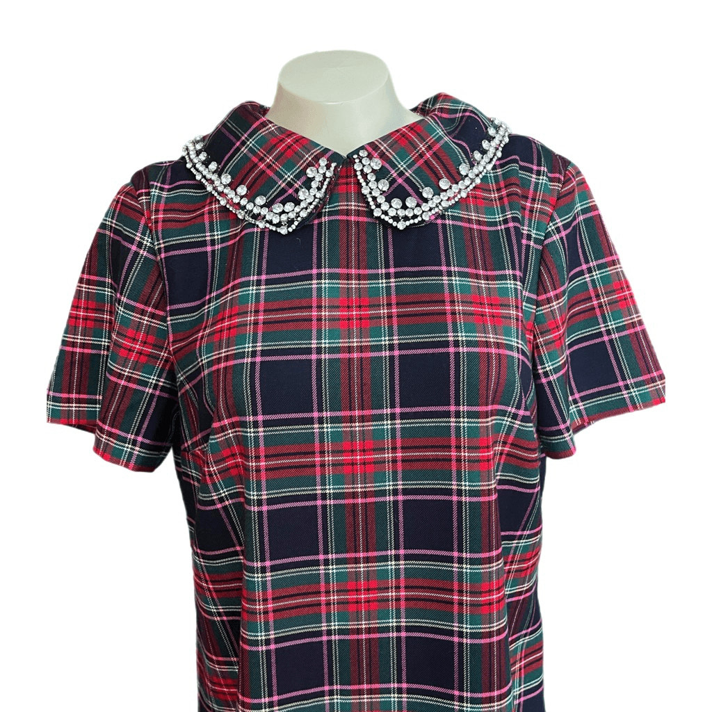 Talbots Classic Christmas Dashing Plaid Removable Rhinestone Collar Dress 8