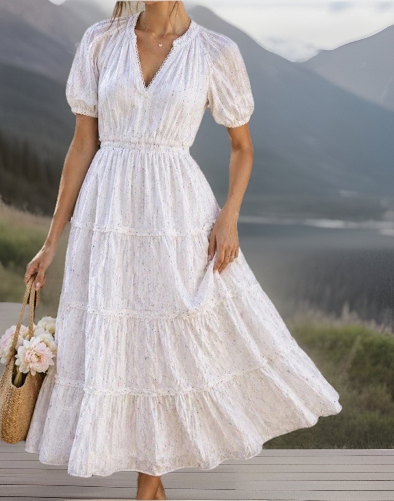 Betsey Johnson Sz M Midi Dress Snow White Lined Tiered Cotton Boho Summer NWT