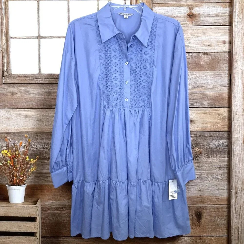 Ophelia Roe Casual Summer Dress Blue Sz L Lightweight Tiered Eyelet USA Seller