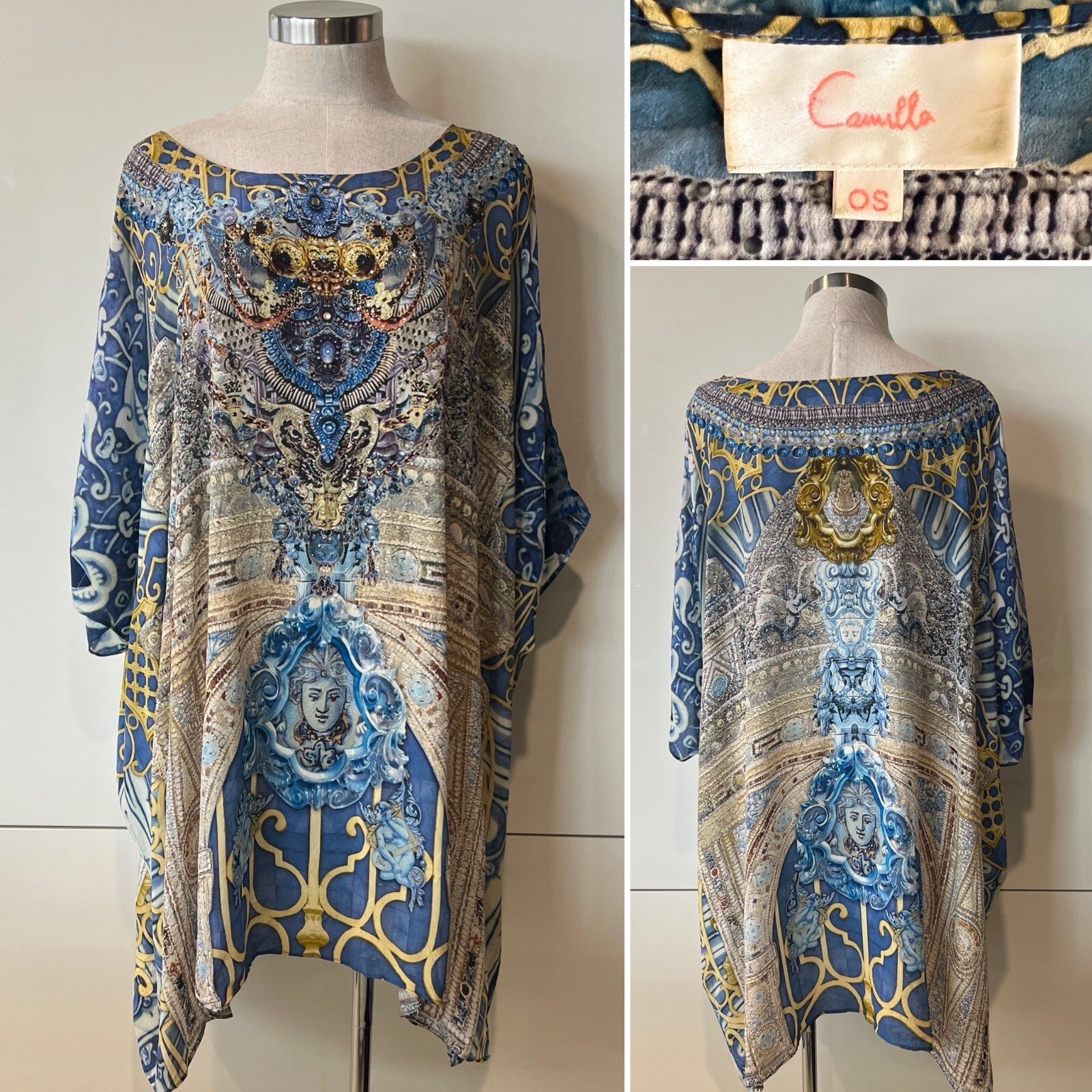 CAMILLA Blue/Yellow Medusa Print, Beads,Crystals Kaftan Dress ONE SIZE