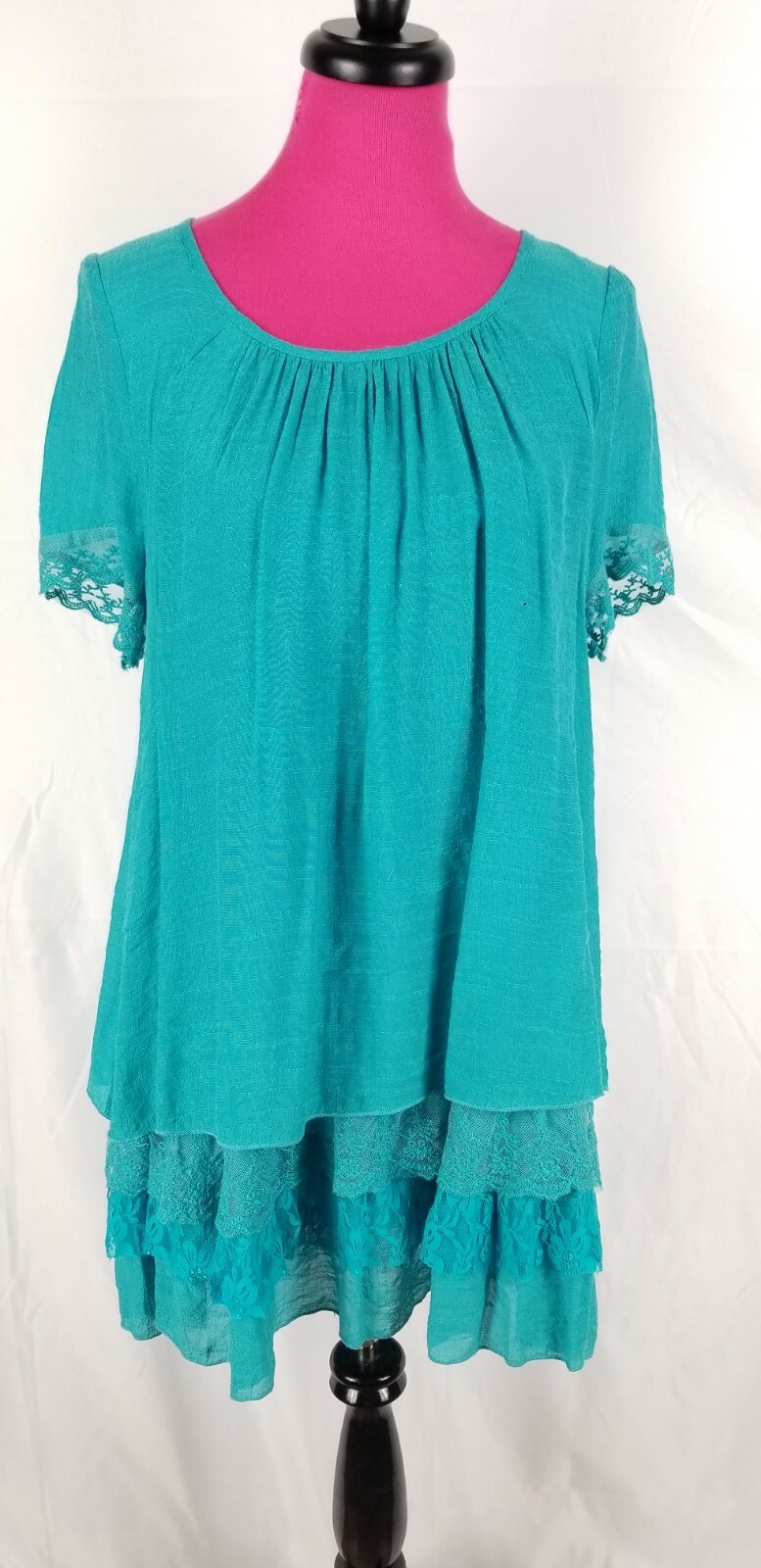 NWT Lady Noiz Tunic Dress Womens Size S Aqua Blue Tiered Ruffle Hem Lace Cuff