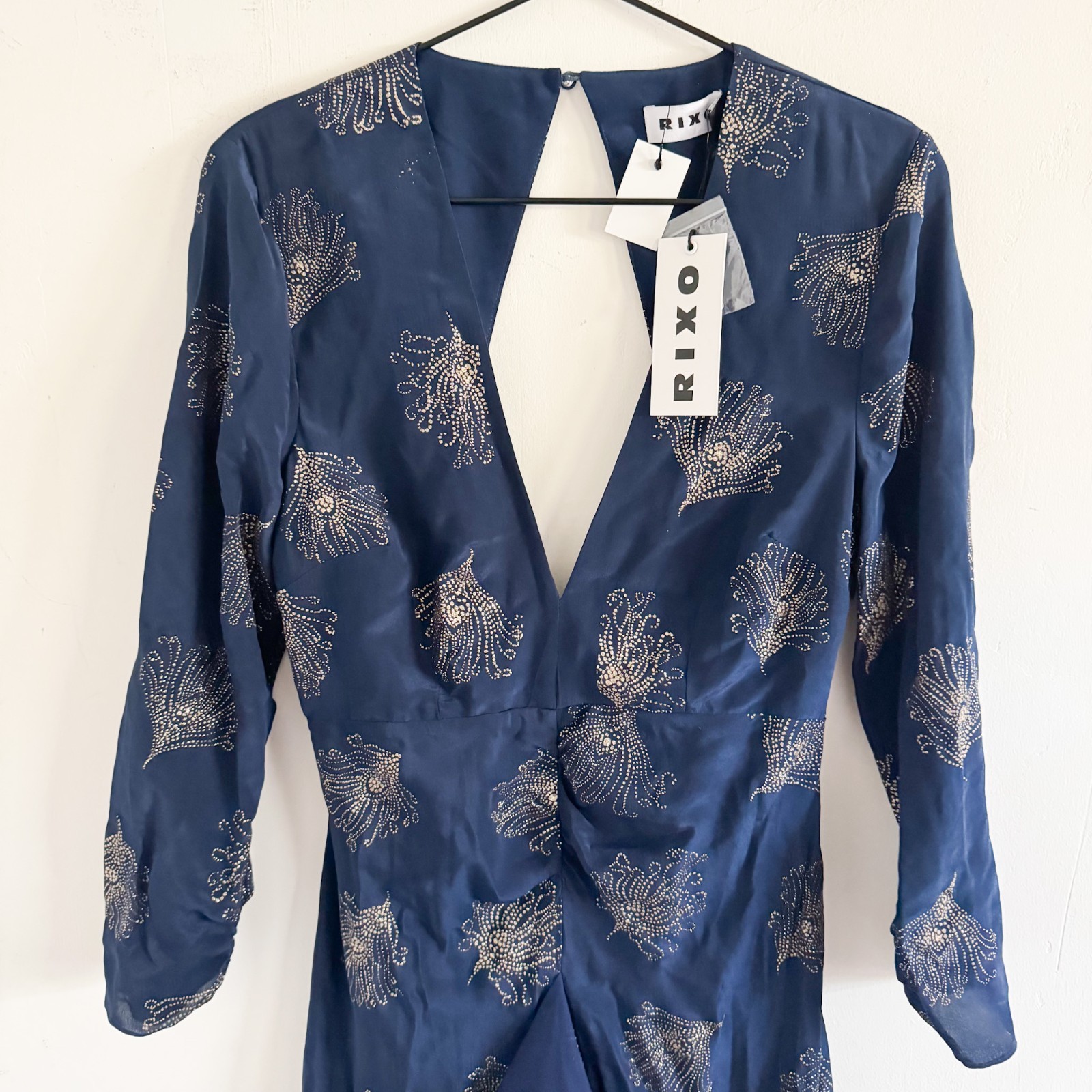 NWT Rixo Navy Rose Cut Out Ruffle Glittered Silk Crepe Midi Dress 4