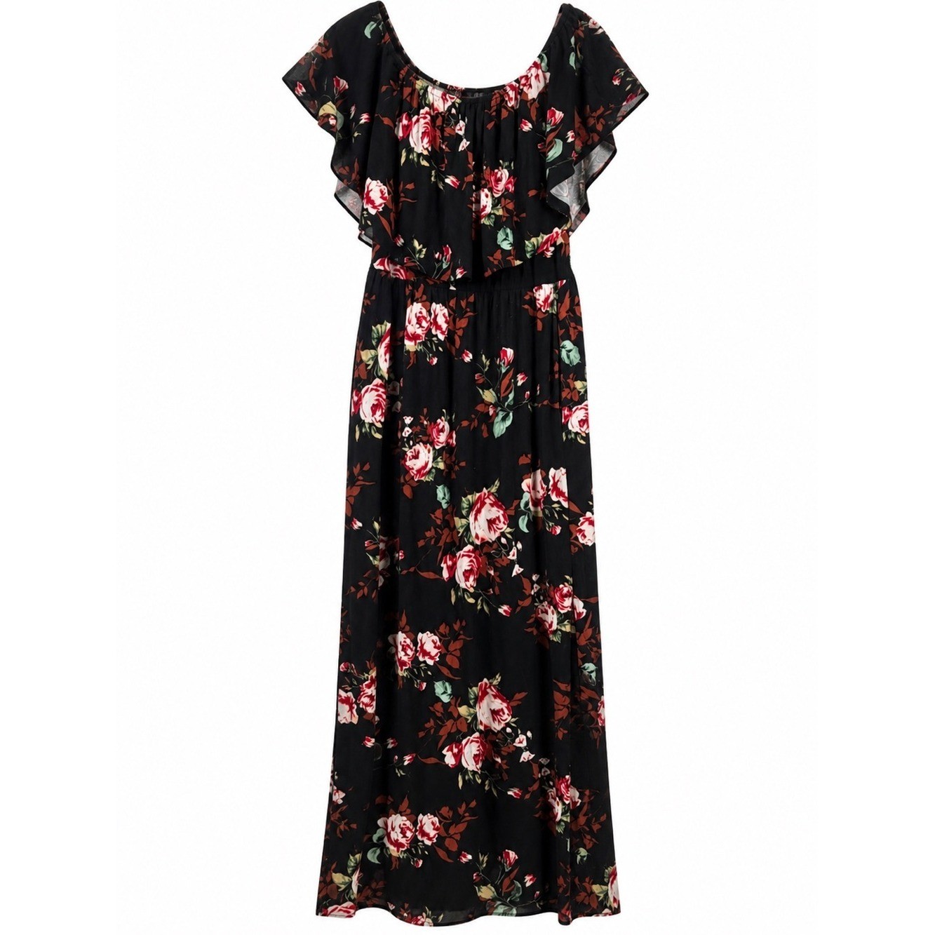 Black Floral Maxi Dress with Ruffled Bodice Slit Both Both Side Sz XL
